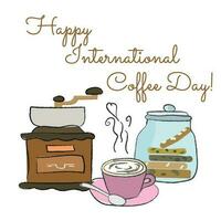 internazionale giorno di caffè sfondo con mano disegnato caffè macinino, tazza e biscotti nel bicchiere barattolo. vettore per bar, ristoratore o menù