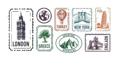 collezione di città francobolli, Londra, tacchino, Grecia, nuovo York, pisa, montagne vettore