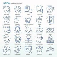 dentale icona impostato - pendenza icone. stesso come dai un'occhiata su, pulizia, dentale corona, riempire denti, radice canel trattamento, ridimensionamento, X raggio, prendere fuori, caduta denti, sovrapposizione, bretelle, eccetera. vettore