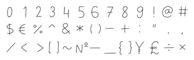 manoscritto nero speciale matematico e altro simboli e segni font 0 per 9. vettore illustrazione nel mano disegnato cartone animato scarabocchio stile isolato su bianca sfondo. per apprendimento, carta, i saldi.