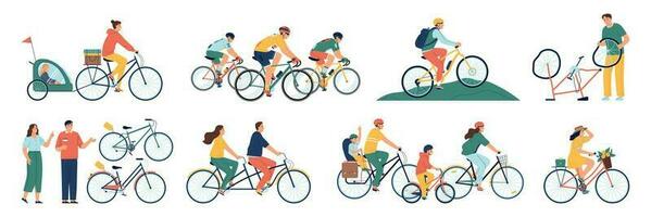 persone su biciclette piatto impostato vettore