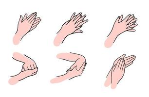 come pulire correttamente le mani. regole per la disinfezione e il lavaggio delle mani. il trattamento igienico e medico di un'infezione. illustrazione vettoriale disegnato a mano in stile doodle.