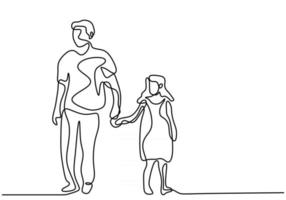 disegno continuo a linea singola di un giovane papà che tiene in braccio sua figlia e cammina insieme per strada vettore