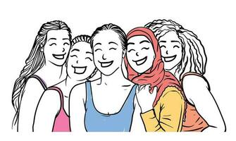 cinque diverso etnico femmina amici sorridente insieme riunione mano disegnato illustrazione vettore