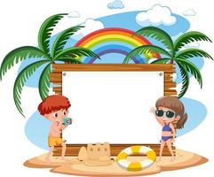 modello di banner vuoto con molti bambini in vacanza estiva in spiaggia isolata vettore