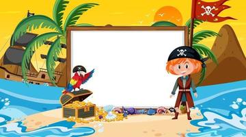 modello di banner vuoto con bambini pirati sulla scena del tramonto sulla spiaggia vettore