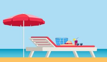 spiaggia ombrello e sole lettino. lettino con parasole a sabbia spiaggia. estate tropicale ricorrere con privato chaise-longue a litorale. sole letto e spiaggia elementi. vettore illustrazione.