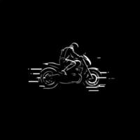 minimalista logo modello, bianca icona di motociclista silhouette su nero sfondo, moderno logotipo concetto per attività commerciale identità, magliette Stampa, tatuaggio. vettore illustrazione