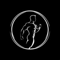 minimalista il giro logo modello, bianca icona di Palestra uomo silhouette su nero sfondo, moderno logotipo concetto per attività commerciale identità, magliette Stampa, tatuaggio. vettore illustrazione
