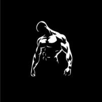 bodybuilder maschio figura icona, Palestra logo modello, atletico uomo cartello bianca silhouette su nero sfondo. vettore illustrazione