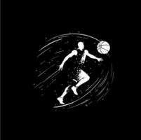pallacanestro giocatore bianca emblema, in esecuzione dribbling con sfera, azione giocatore icona, logo modello, mano disegno tatuaggio schizzo silhouette su nero sfondo. vettore illustrazione.