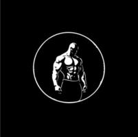 bodybuilder maschio figura icona, Palestra logo modello, atletico uomo cartello bianca silhouette su nero sfondo. vettore illustrazione