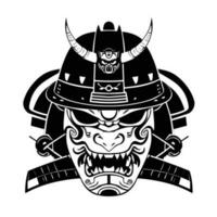 oni maschera tatuaggio maglietta. nero mascherato samurai. tradizionale giapponese guerriero. Vintage ▾ isolato vettore illustrazione. militare design e arte elemento concetto