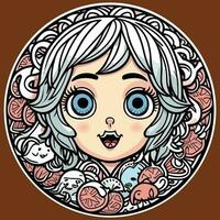 avatar chibi anime ragazza cartone animato logo etichetta con disegno, schema, mandala, tatuaggio, fiore, schizzo, ornamento nel il giro cerchio vettore