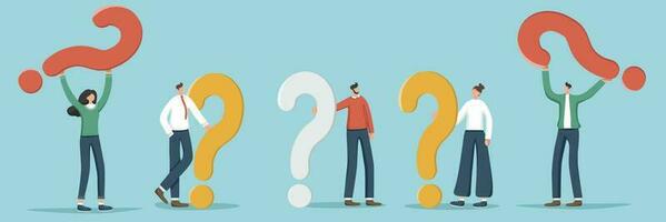 un' impostato di illustrazioni di casuale persone Tenere domanda segni. concetto domande e risposte, FAQ, frequentemente chiesto domande, analisi di il consumatore mercato e concorrenti. vettore