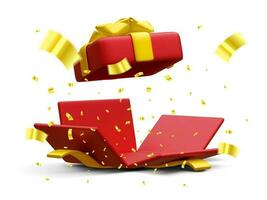 3d realistico Aperto regalo scatola e volante oro coriandoli su bianca sfondo. vincere premi concetto. vettore illustrazione