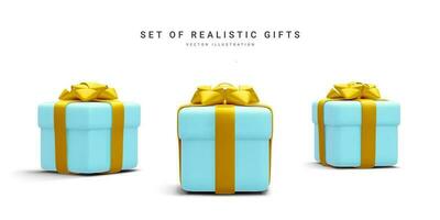 impostato di 3d realistico blu regalo scatole con oro nastro isolato su bianca sfondo. sorpresa scatole. vettore illustrazione