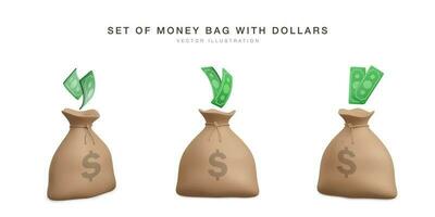 impostato di 3d realistico i soldi borse con verde dollari banconota moneta. vettore illustrazione