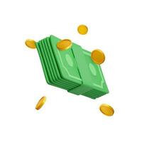 verde moneta pila e caduta oro monete nel cartone animato stile. 3d realistico i soldi oggetto per manifesto o striscione. vettore illustrazione