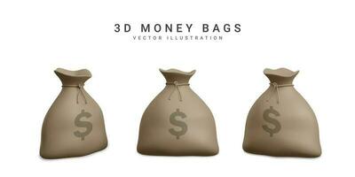 impostato di i soldi borse nel 3d realistico stile. attività commerciale e finanza. sacco con dollaro cartello. vettore illustrazione