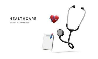 3d realistico medico stetoscopio con cuore e documento isolato su bianca sfondo. in linea medico consultazione e assistenza sanitaria concetto. vettore illustrazione