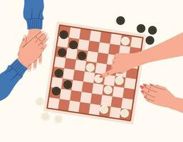 piatto persone giocando dama, superiore Visualizza. mani fabbricazione un' mossa nel un' logica tavola gioco. cartone animato isolato vettore scacchi tavola.