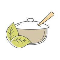 zuccheriera con cucchiaio e foglie allineate e riempite vettore