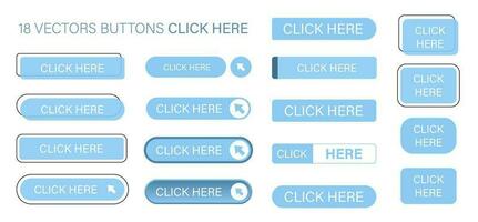 il clic Qui è un' impostato di semplice moderno pulsanti. spingere pulsante per un applicazione, annuncio, memorizzare o sito web. vario icone per il tuo Prodotto vettore