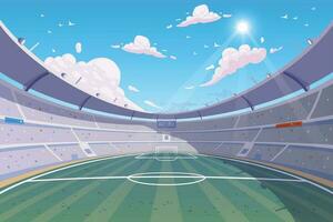 calcio stadio prospettiva sfondo con verde prato, blu cielo vettore illustrazione