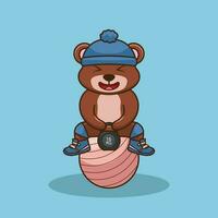 carino portafortuna orso sollevamento kettlebell vettore design. Palestra allenarsi mascotte, carino etichetta, cartone animato stile