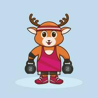 carino cervo cartone animato illustrazione a dondolo fitness e kettlebell sollevamento vettore