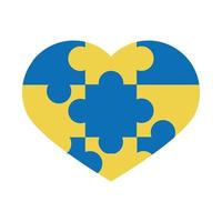 Giornata mondiale della sindrome di down puzzle a forma di cuore colore giallo e blu consapevolezza stile piatto vettore