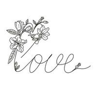 vettore lettering su il tema di amore con fiori nel il scarabocchio stile. Immagine di un' parola con fioritura mini cuffie su un' bianca sfondo.