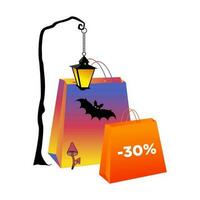 Halloween carta borse 30 per cento sconto. viola e arancia pacchetti con pipistrello e lanterna, isolato, vettore illustrazione