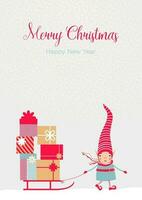 carino Natale elfo nel un' a strisce rosso cappello e sciarpa con un' piramide di Natale i regali su un' slitta e nevicata. modello per allegro Natale carte, saluti, banner o manifesti. vettore
