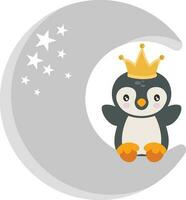 carino pinguino seduta su Luna con corona su testa vettore