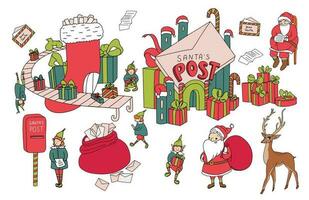 Natale impostato con Babbo Natale officina, inviare, ufficio, Casa, regalo fabbrica, elfi, cervo, Natale calzino. Santa lettura un' lettera. Babbo Natale cassetta postale, Borsa con lettere. nuovo anno design elementi vettore