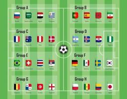 Coppa di calcio 2018 gruppo squadra e vettore di bandiere nazionali per il torneo internazionale del campionato mondiale