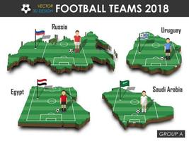 squadre nazionali di calcio 2018 raggruppano un giocatore di football e bandiera sulla mappa del paese di progettazione 3d isolato vettore di fondo per il concetto di torneo 2018 del campionato mondiale internazionale