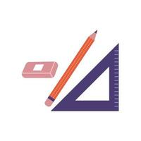 regola triangolare con matita e gomma materiale scolastico stile piatto vettore