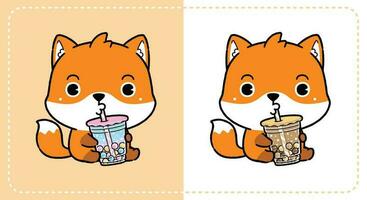 carino poco Volpe mangiare boba latte tè. piatto cartone animato stile vettore