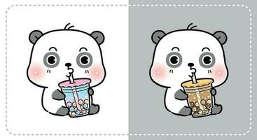 carino poco panda mangiare boba latte tè. piatto cartone animato stile vettore