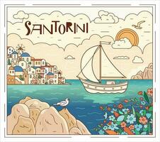 santorini isola, Grecia. bellissimo tradizionale bianca architettura e blu a cupola greco ortodosso chiese al di sopra di il caldera. andare in barca barca a mare. vettore illustrazione nel scarabocchio stile.