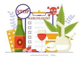 narcologo vettore illustrazione per droga dipendenza consapevolezza, alcool e tabacco nel assistenza sanitaria piatto cartone animato mano disegnato sfondo modelli