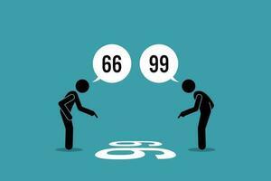 Due persona discutere il numero su il pavimento tempo metereologico esso è 66 o 99. vettore illustrazione depict concetto di punto di Visualizza, punto di vista, diverso percezione prospettiva, sciocco discussione, e disaccordo.