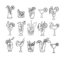 magro linea icone impostato di classico mano disegnato alcolizzato cocktail collezione di schema simboli. vettore illustrazione.
