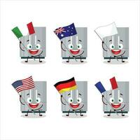 frigorifero cartone animato personaggio portare il bandiere di vario paesi vettore