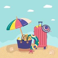 set di articoli estivi sulla spiaggia sabbiosa. cartolina vettoriale brillante per vacanze al mare, viaggi e viaggi.