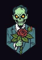 amore mai muore nel Questo unico illustrazione dove romantico zombie abbraccio in mezzo un' letto di fioritura Rose, un' simbolo di eterno affetto vettore