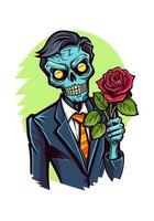 amore mai muore nel Questo unico illustrazione dove romantico zombie abbraccio in mezzo un' letto di fioritura Rose, un' simbolo di eterno affetto vettore